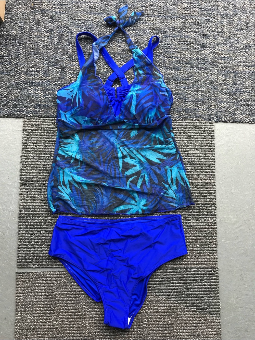 Blue Tropical Mesh Tankini with High-Waist Bottoms